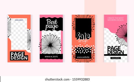 Black dandelions on pink background set templates for design of social networks, instagram story and print with windows for images. Modern style in the form of beautiful pink and black lines.