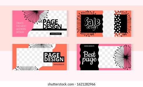 Black dandelions on pink background  set horizontal banner templates with frame for images. Modern style in the form of beautiful pink and black lines.