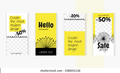 Black dandelions on yellow background set templates for design of social networks, instagram story and print with windows for images. Modern style in the form of beautiful yellow and black lines.