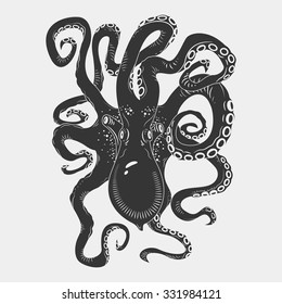 Black danger cartoon octopus characters with curling tentacles swimming underwater, isolated on white