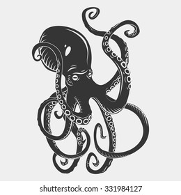 Black danger cartoon octopus characters with curling tentacles swimming underwater, isolated on white