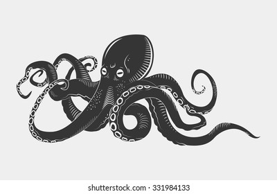 Black danger cartoon octopus characters with curling tentacles swimming underwater, isolated on white