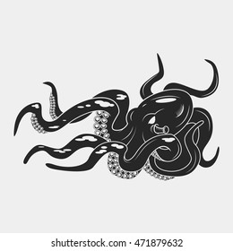 Black danger cartoon octopus characters. Swimming underwater, isolated on white. Tattoo or pattern to t-shirt, poster logo, vector illustration