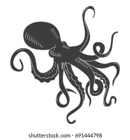 Black danger cartoon octopus characters. Swimming underwater, isolated on white background. Tattoo or pattern to t-shirt, poster logo, vector illustration