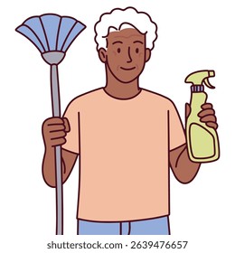 Black dark brown skinned man. Old senior man holding a mop and cleaning spray, smiling, standing against a white background, representing hygiene, maintenance, and cleaning profession