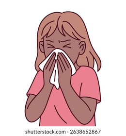 black dark brown skinned woman in red shirt sneezes into tissue. Shows symptoms of flu, cold, or allergy reaction