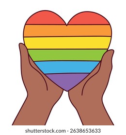 black dark brown skinned woman. Two dark-skinned hands hold heart with rainbow stripes. Represents LGBT pride, racial inclusivity, and shared love