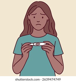 Black dark brown skinned Woman holds positive pregnancy test with visible sadness. Shows emotional struggle, fear, and possible unplanned situation