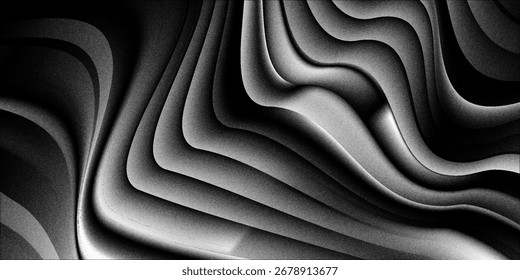 Fondo abstracto de la onda blanca de plata gris oscuro negro para el diseño. Onda ligera, línea ondulada. Gradiente de Ombre. Ruido grano áspero grungy