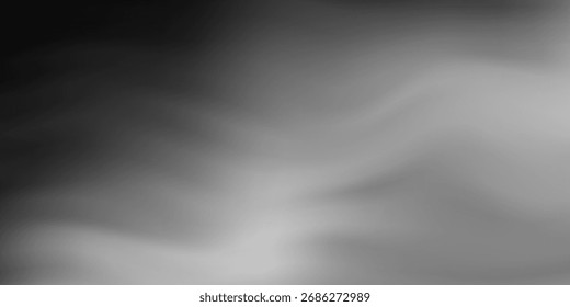 Fondo abstracto de la onda blanca de plata gris oscuro negro para el diseño. Onda ligera, línea ondulada. Gradiente de Ombre. Ruido áspero grano grungy efecto metálico cepillado. Brillo mate.Anuncio de Web.Wide.Panoramic