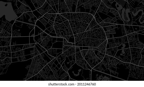 Black and dark grey Bucharest City area vector background map, streets and water cartography illustration. Widescreen proportion, digital flat design streetmap.