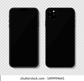 Black or dark grey new 2019 modern mobile phone mockup isolated on transparent background. Vector illustration