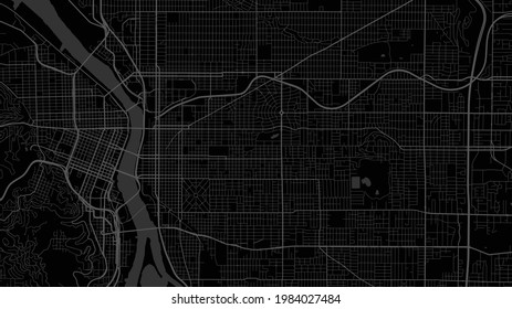 Black and dark grey Portland city area vector background map, streets and water cartography illustration. Widescreen proportion, digital flat design streetmap.