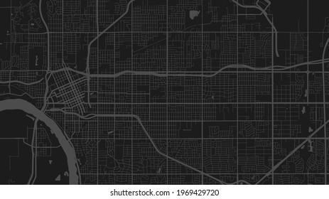 Mapa de fondo vectorial de la zona de la ciudad de Tulsa gris negra y oscura, calles e ilustración cartográfica del agua. Proporción de pantalla ancha, mapa digital plano de diseño.