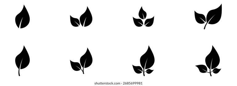 Iconos de hojas aisladas oscuras negras sobre fondo blanco. Conjunto de iconos de hojas oscuras de Naturaleza. Silueta de hoja negra aislada en página blanca. Conjunto de iconos vectoriales. Logotipo Conjuntos de silueta en página blanca. EPS 10. 