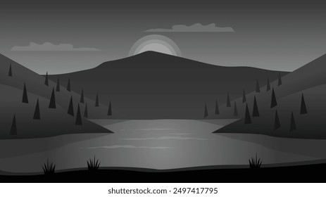 Black and Dark Mountain and Lake Scenery Vector Elegant Wallpaper
