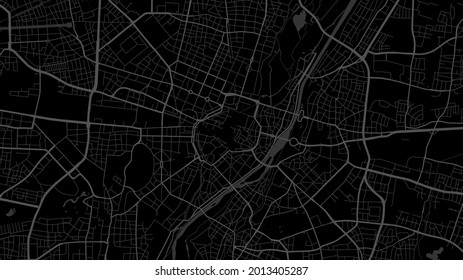 Black dark Munich City area vector background map, streets and water cartography illustration. Widescreen proportion, digital flat design streetmap.