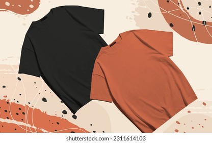 Schwarz-dunkelorange-2 leeres, vertikales T-Shirt als Modell mit künstlerischem Vintage-Blickfang-Hintergrund, um Ihr Design vorzustellen
