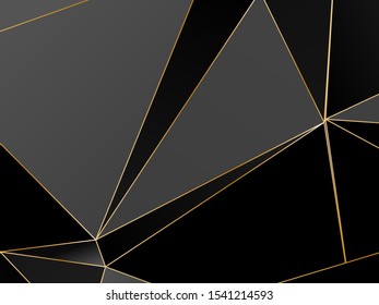 Black dark Premium background with luxury polygonal pattern and gold triangle lines. Low poly gradient shapes luxury gold lines vector. Black Friday background, premium triangle polygons design