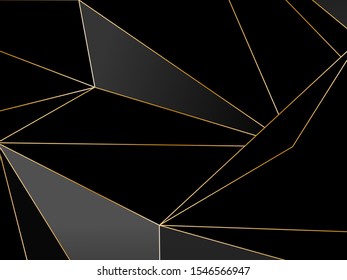 Black dark Premium background with luxury polygonal pattern and gold triangle lines. Low poly gradient shapes luxury gold lines vector. Black Friday background, premium triangle polygons design