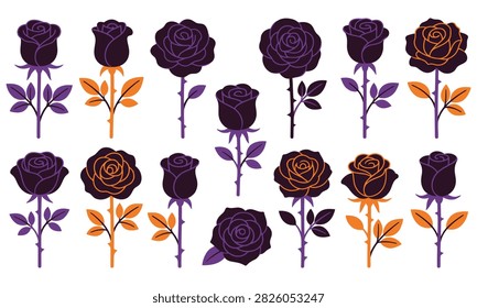 Black and dark red roses with green and orange leaves isolated on white background Vector
