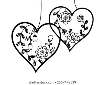 A black and dark reddish-brown line art design of two intertwined hearts adorned with a floral wreath.