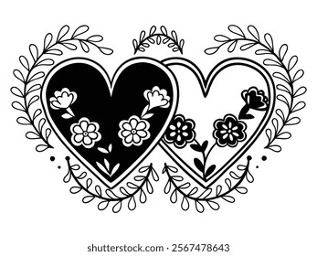 A black and dark reddish-brown line art design of two intertwined hearts adorned with a floral wreath.