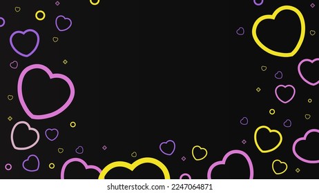 Black dark simple minimal background with many floating bright colorful love heart icon and copy space area suitable for valentine day 14th February celebration, promo, wallpaper, greeting card