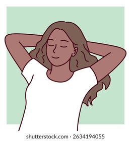 Black dark skinned Woman rests with eyes closed and hands behind head on green grass. Peaceful moment of relaxation, self-care, and emotional recharge in natural environment