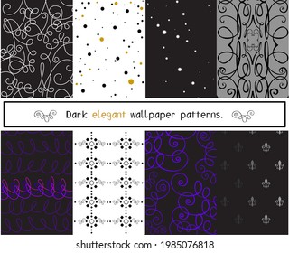 Black and dark wallpaper set. Black gothic background collection. Dark scrapbook patterns. Fleur de lis pattern. Scrawls background. Splatters wallpapers. Stars background.