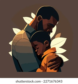 Black, dark-skinned father hugging his son. Concept for Happy father's day poster or card template design. Flat vector illustration