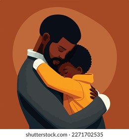 Black, dark-skinned father hugging his son. Concept for Happy father's day poster or card template design. Flat vector illustration