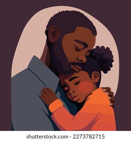 Black, dark-skinned father hugging his daughter. Concept for Happy father's day poster or card template design. Flat vector illustration