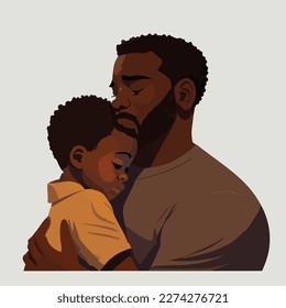 Black, dark-skinned father hugging his son. Concept for Happy father's day poster or card template design. Flat vector illustration