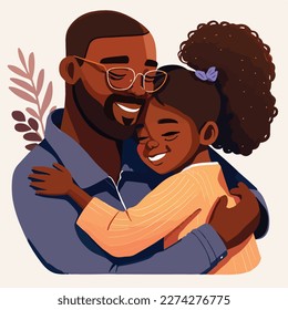 Black, dark-skinned father hugging his daughter. Concept for Happy father's day poster or card template design. Flat vector illustration