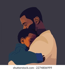 Black, dark-skinned father hugging his son. Concept for Happy father's day poster or card template design. Flat vector illustration