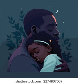 Black, dark-skinned father hugging his daughter. Concept for Happy father's day poster or card template design. Flat vector illustration