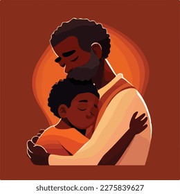 Black, dark-skinned father hugging his son. Concept for Happy father's day poster or card template design. Flat vector illustration