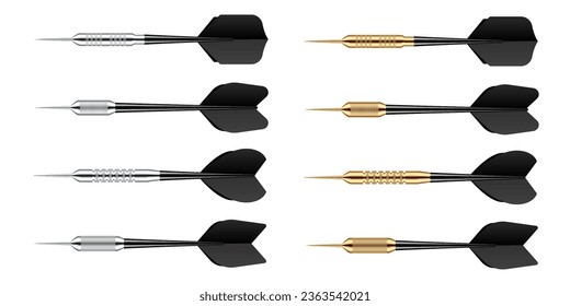 Black dart arrows with metal tip isolated on white background. Dart throwing sport game, dartboard equipment. Vector illustration