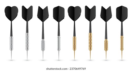 Black dart arrows with metal tip and shadow. Dart throwing sport game, dartboard equipment. Vector illustration