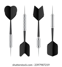 Black dart arrows with metal tip and shadow. Dart throwing sport game, dartboard equipment. Vector illustration