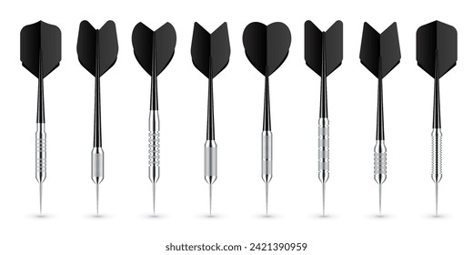 Black dart arrows with metal tip and shadow. Dart throwing sport game, dartboard equipment. Vector illustration