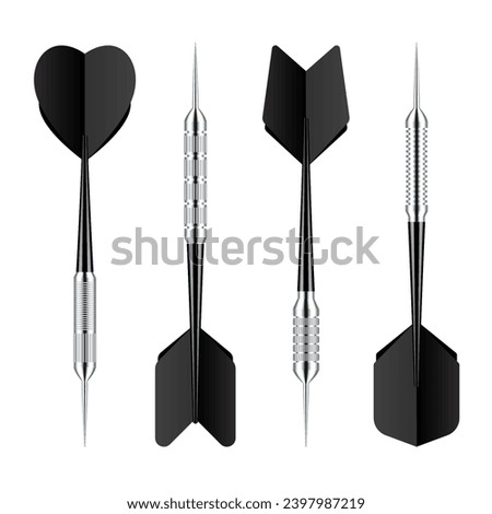 Black dart arrows with metal tip and shadow. Dart throwing sport game, dartboard equipment. Vector illustration