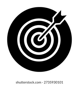 A black dart hitting the center of a circular target silhouette