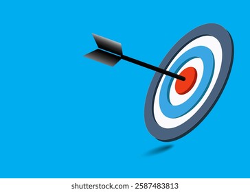 Black dart hitting the red target. Arrow dart symbolizes goal setting, precision, business strategy, success, achieving objectives, and target market.
