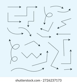 Flechas negras de guión que apuntan a un conjunto de direcciones diferente. Dibujado a mano a mano diferentes líneas curvas, remolinos de flechas. icono de flecha de guion negro que indica una dirección diferente