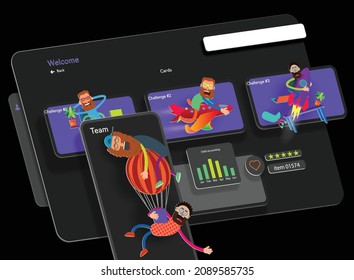 Black dashboard with cartoon characters. Vector banner