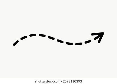 A black dashed arrow curving upward on a white background. The arrow is simple and bold, with a clear direction. Dashes form a smooth, curving line. Vector isolated on white.