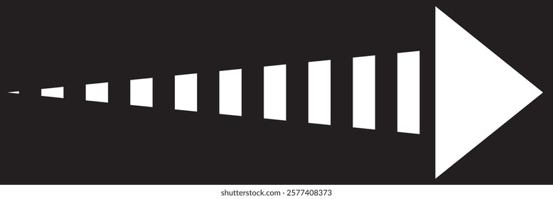 Black Dashed arrow icon. Arrowhead showing right shift and direction. Rightward arrow. Navigation pointer, indicator sign. Next Silhouette symbol. Negative space. Vector isolated illustration. Eps 10.