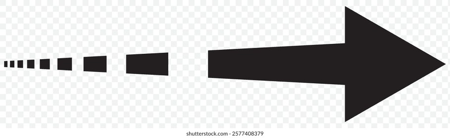 Black Dashed arrow icon. Arrowhead showing right shift and direction. Rightward arrow. Navigation pointer, indicator sign. Next Silhouette symbol. Negative space. Vector isolated illustration. Eps 10.